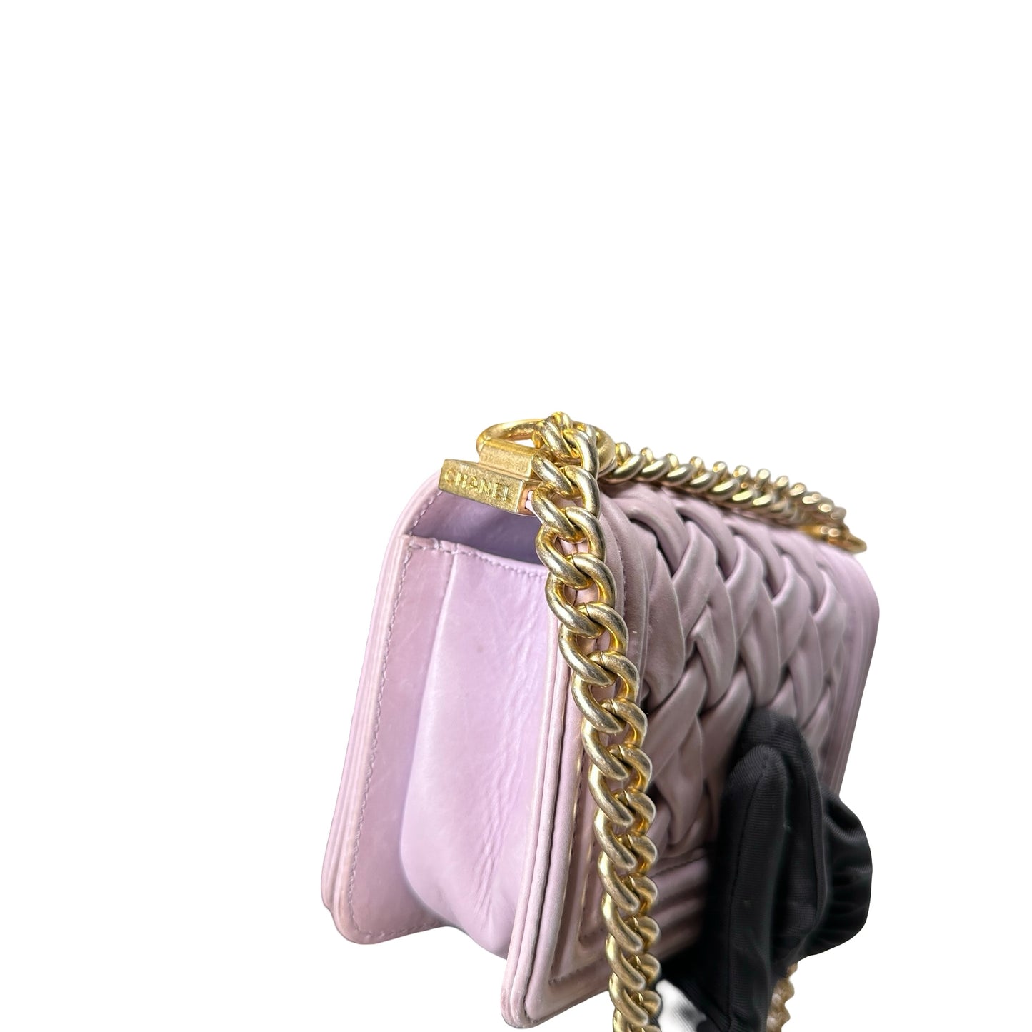 Used CHANEL Braided Lambskin Boy Chain Shoulder Bag Lilac Gold