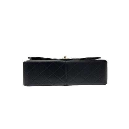 Used CHANEL Calfskin Leather Jumbo Chain Shoulder Bag GHW Black