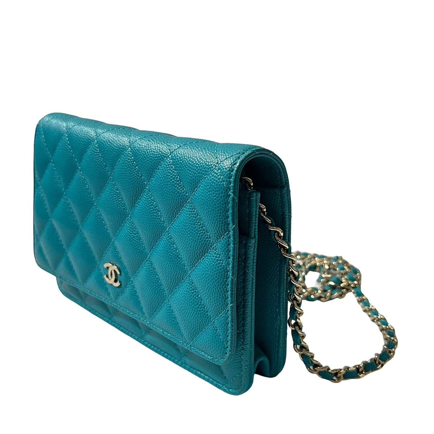 Used CHANEL Calfskin Leather WOC Cross Body Bag Green GHW