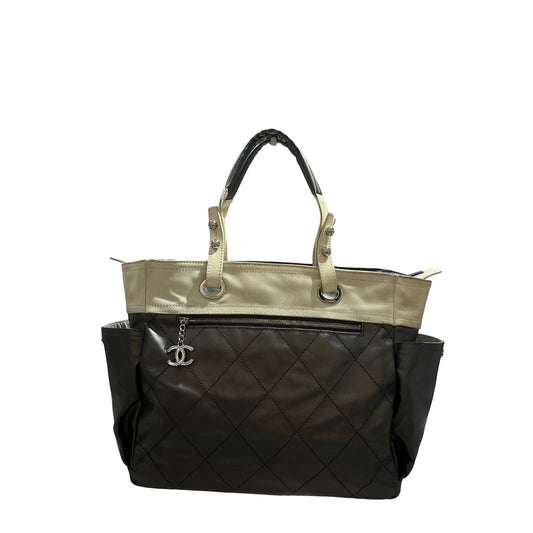 Used CHANEL Quilted Coated Canvas Tote Bag Tote Bag Grey Silver White