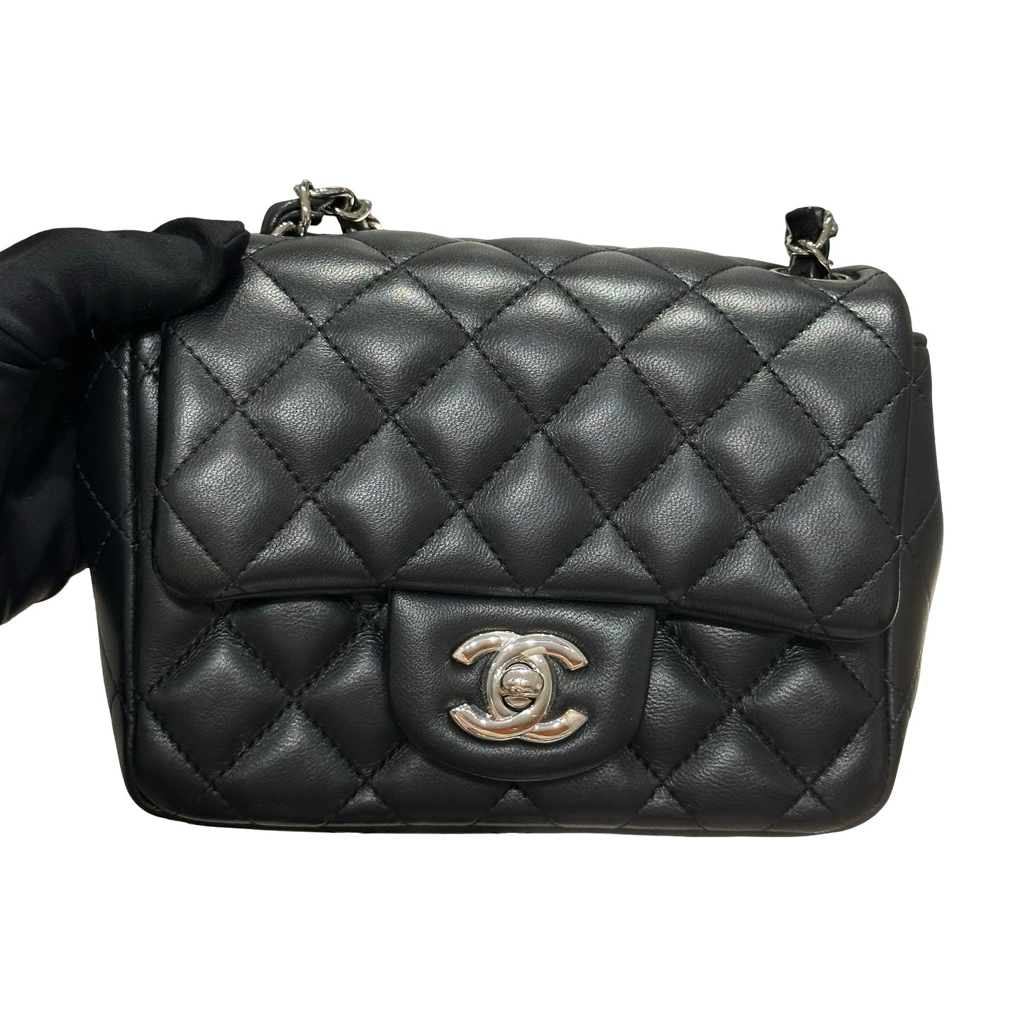 Used CHANEL Lambskin Leather Mini flap 17cm Cross Body Bag Black PHW