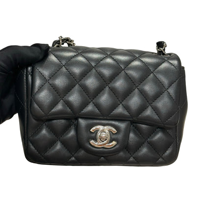 Used CHANEL Lambskin Leather Mini flap 17cm Cross Body Bag Black PHW