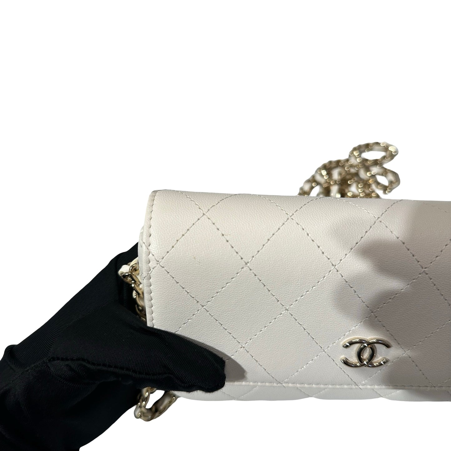 Used CHANEL Lambskin Leather Used Chanel FLAP Cross Body Bag GHW White