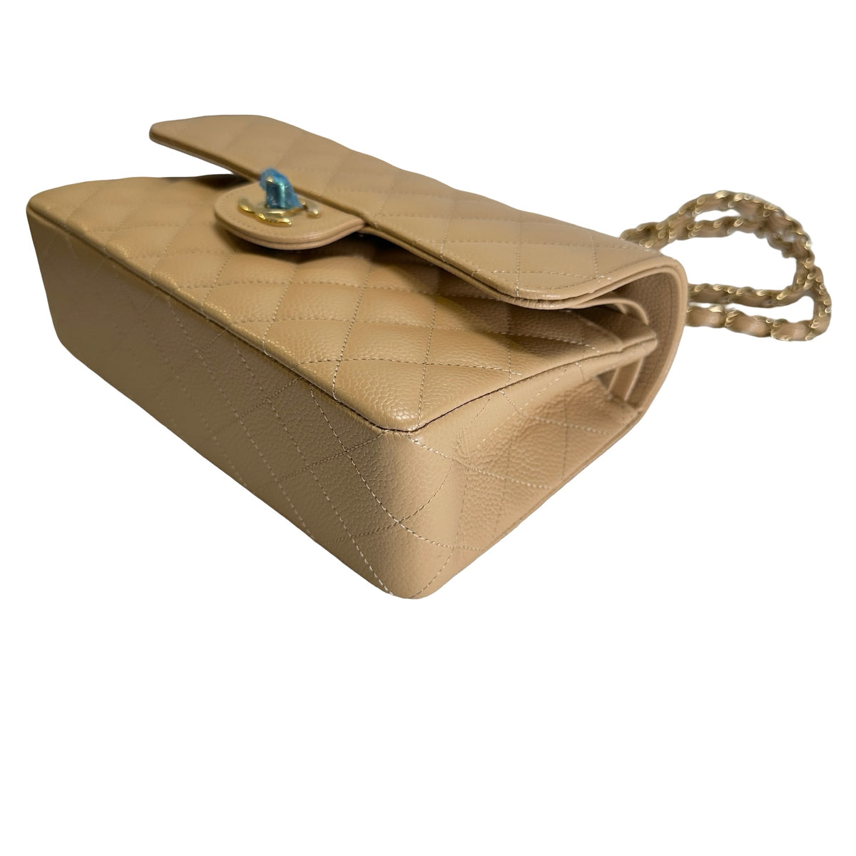 Brand New CHANEL Quilted Caviar Classic Flap Chain Shoulder Bag Beige Gold