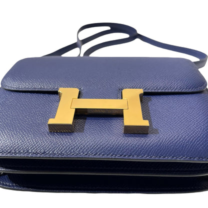 Used HERMÈS Calfskin Leather Mini Constance Cross Body Bag Blue
