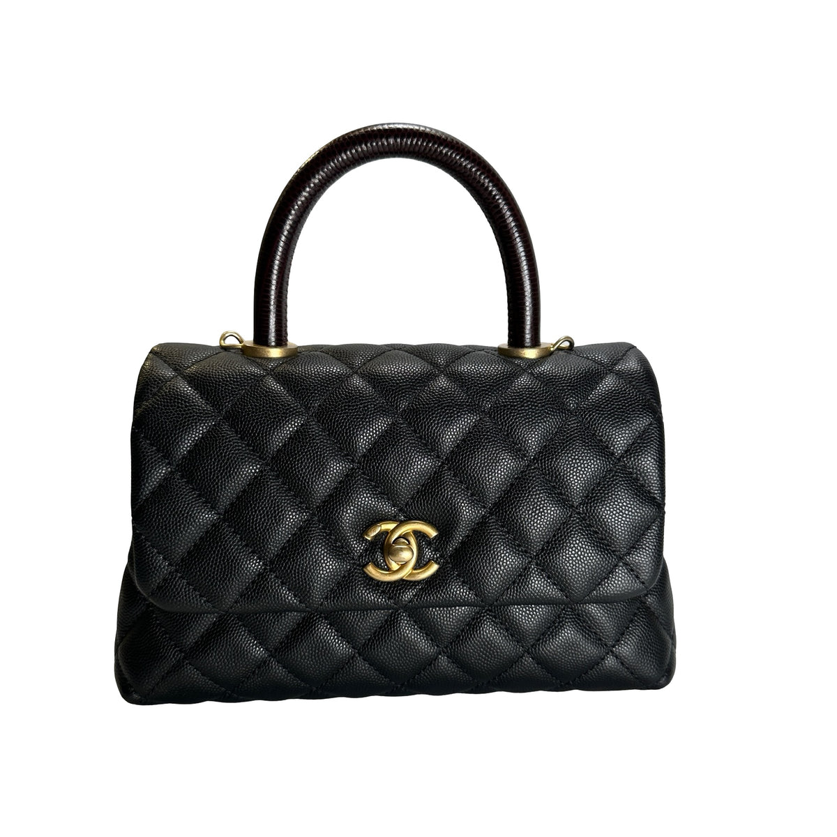 Used CHANEL Quilted Caviar Leather Coco Handle Handbag Black Gold