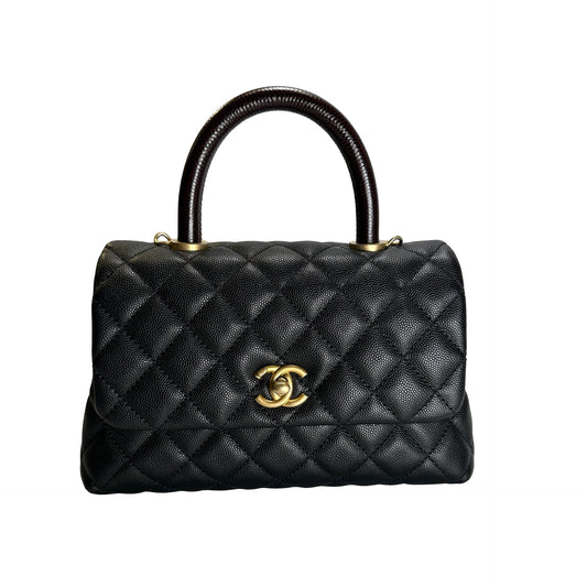 Used CHANEL Quilted Caviar Leather Coco Handle Handbag Black Gold