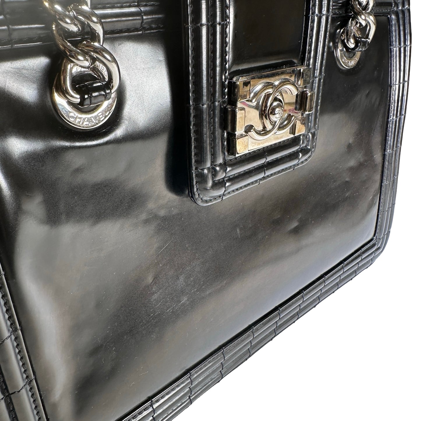 Used CHANEL Patent Leather Boy Shopping Tote Tote Bag Black PHW