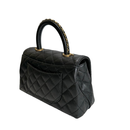 Used CHANEL Quilted Caviar Coco Handle Handbag Black Gold