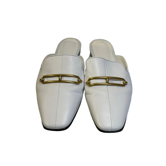 Used HERMES Leather Mules Shoes White Gold