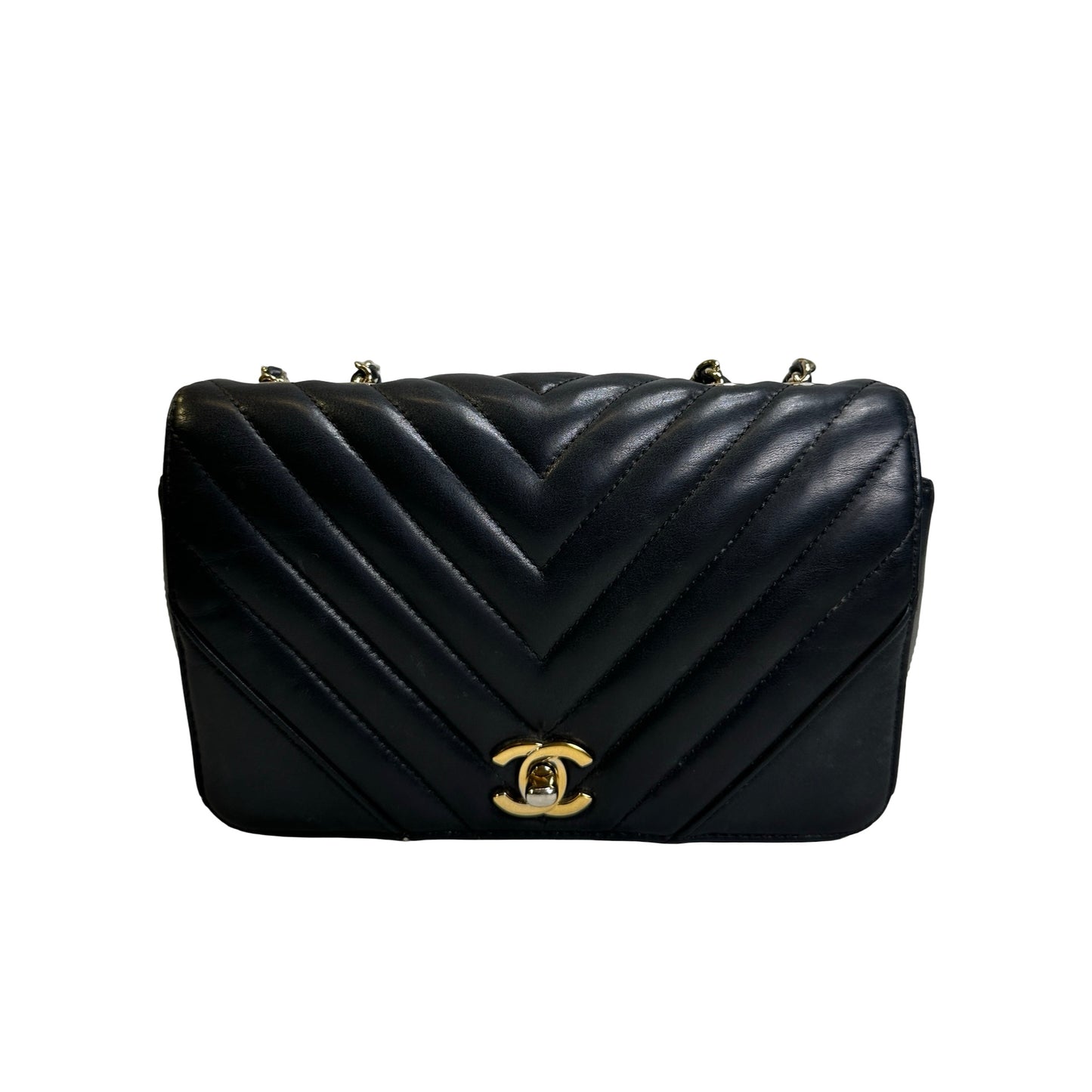 Used CHANEL Chevron Leather Chevron Flap Bag Chain Shoulder Bag Black Gold