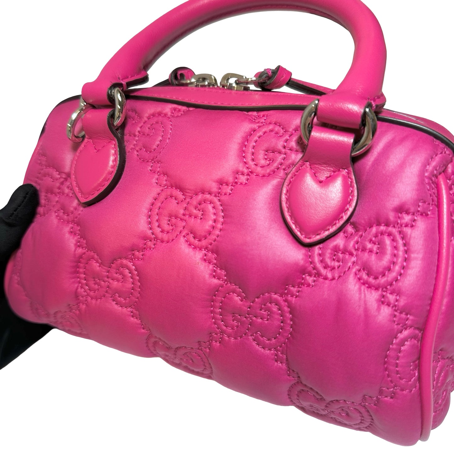 Used GUCCI GG CANVAS Calfskin Leather GG Matelasse Mini Bowling Handbag Pink PHW