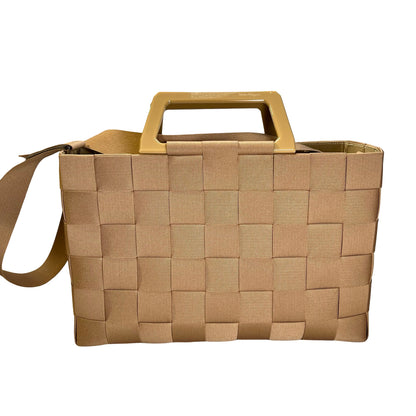 Used SALVATORE FERRAGAMO Woven Checkerboard Woven Grosgrain Ribbon Bag Handbag Gold Beige PHW