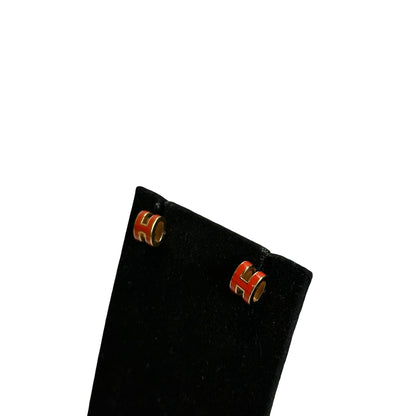 Used HERMES Enamel Pop H Earrings Orange Gold