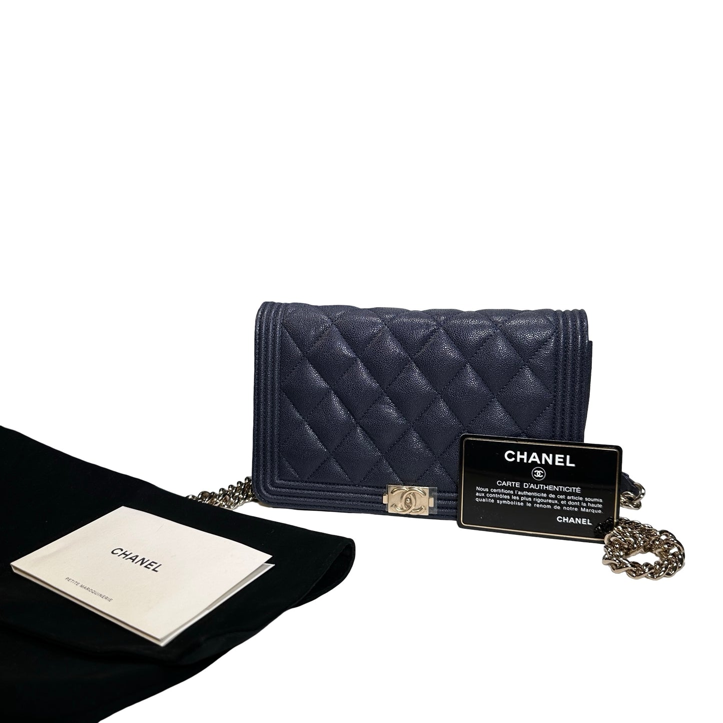 Used CHANEL Quilted BOY CHANEL WALLET ON CHAIN Wallet on chain Navy GHW