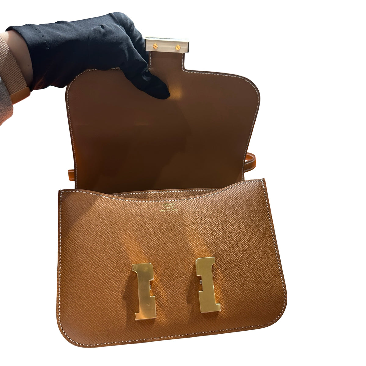 Brand New HERMES Epsom Felt Constance Crossbody Bag Brown Beige Gold Hardware