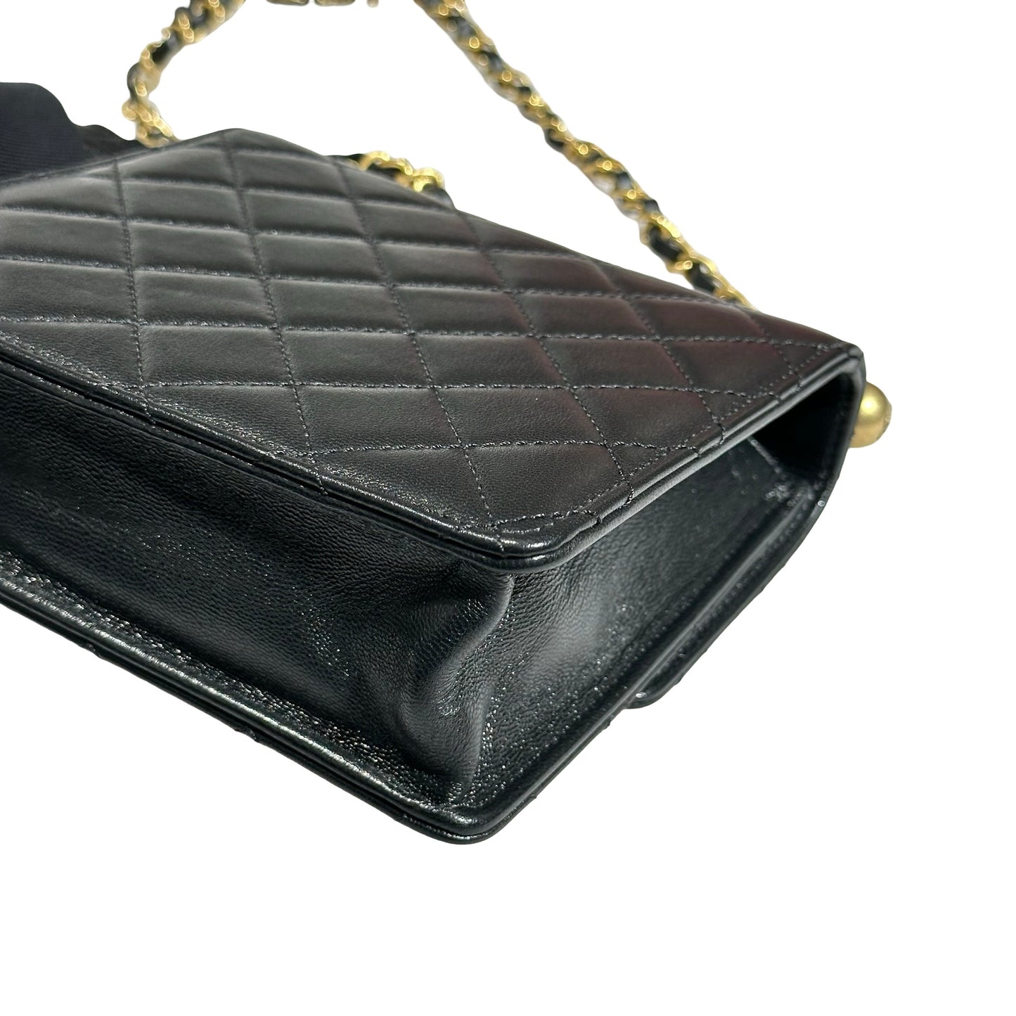 Used CHANEL Lambskin Leather Flap with Pearls Chain Shoulder Bag Black GHW