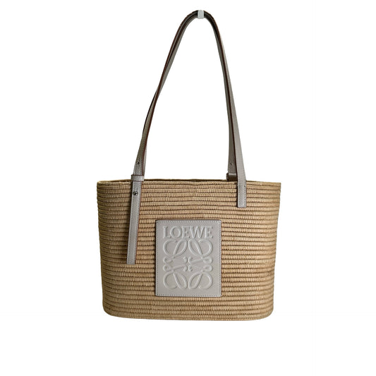 Used LOEWE Raffia Calfskin Square Basket Basket Bag Natural White