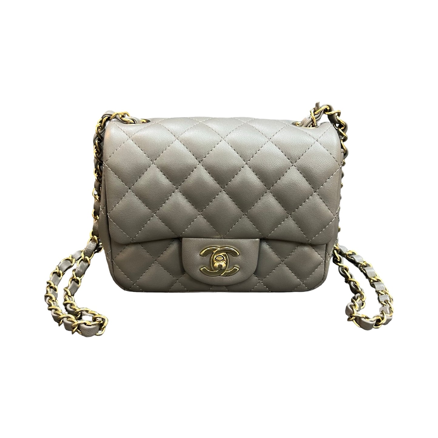 Used CHANEL Quilted Lambskin Mini Flap Bag Chain Shoulder Bag Grey Gold Hardware