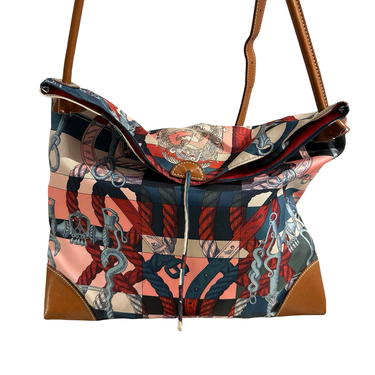 Used HERMES Della Cavalleria Silky City Tote Bag Pink Blue Red Black Brown