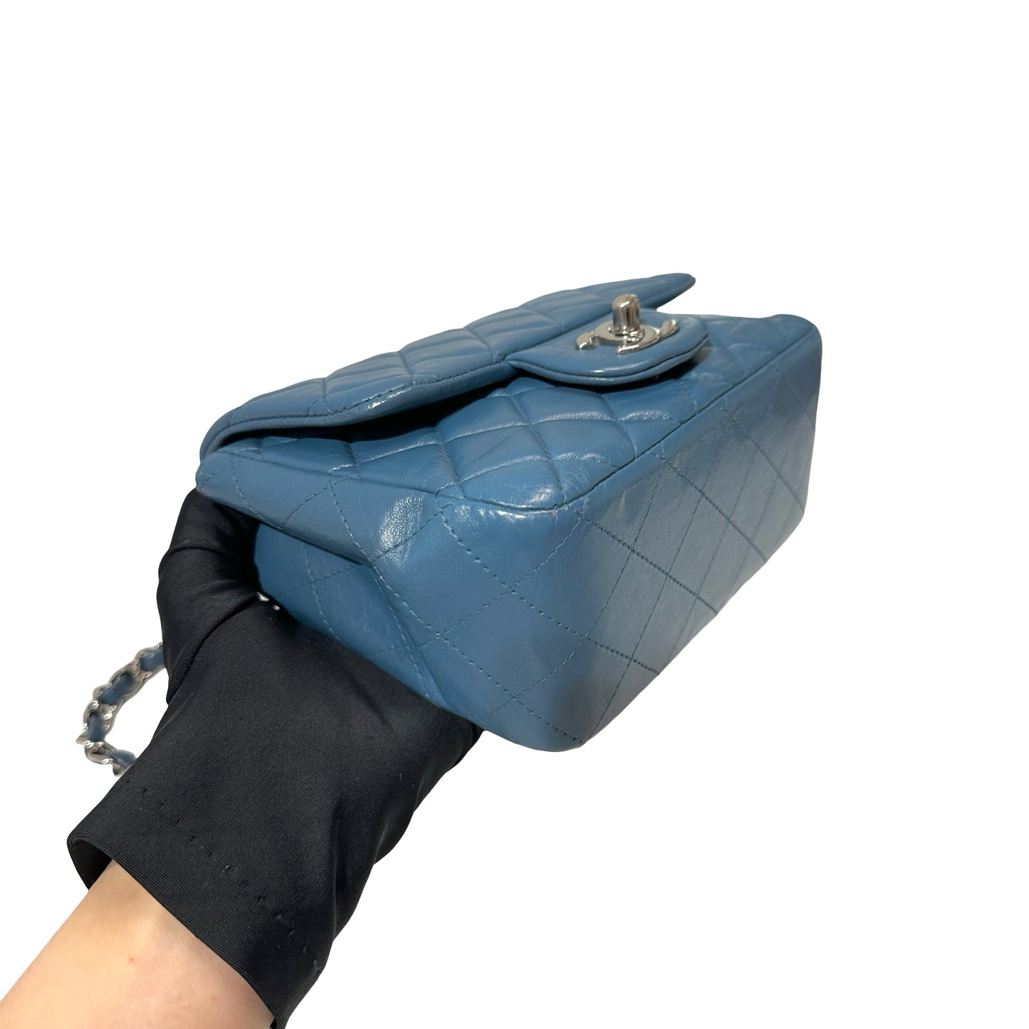 Used CHANEL Calfskin Leather Flap mini 17cm Cross Body Bag Blue PHW