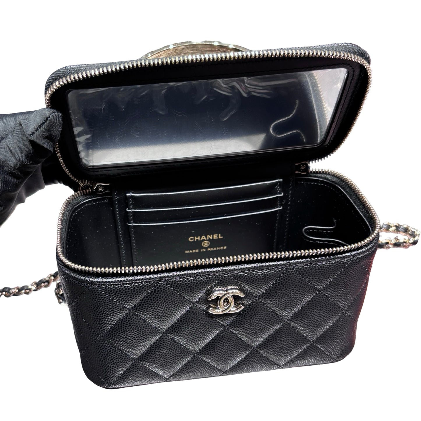 New CHANEL Vanity Case With Handle Clutch Black PHW
