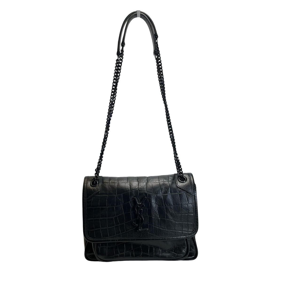 Used SAINT LAURENT Crocodile Embossed Leather Shoulder Bag Black