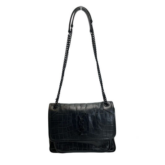 Used SAINT LAURENT Crocodile Embossed Leather Shoulder Bag Black