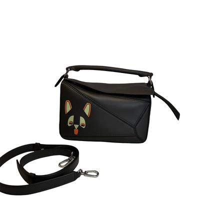 Used LOEWE Calfskin Puzzle Bag Small Shoulder Bag Black Orange Green