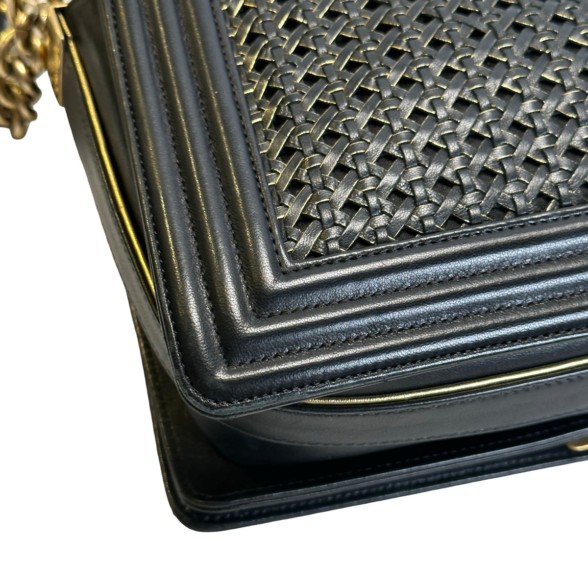 Used CHANEL Woven Leather Boy Chain Shoulder Bag Black Gold