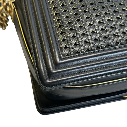 Used CHANEL Woven Leather Boy Chain Shoulder Bag Black Gold