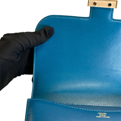 Used HERMES Epsom Leather Constance Shoulder Bag Blue Gold Hardware