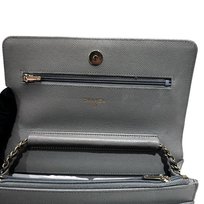 Used CHANEL Caviar Leather WOC Calf Skin Cross Body Bag Grey PHW