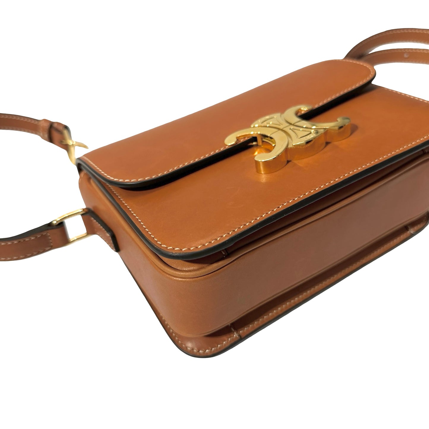 Used Céline Calfskin Leather Triomphe Shoulder Bag GHW Brown