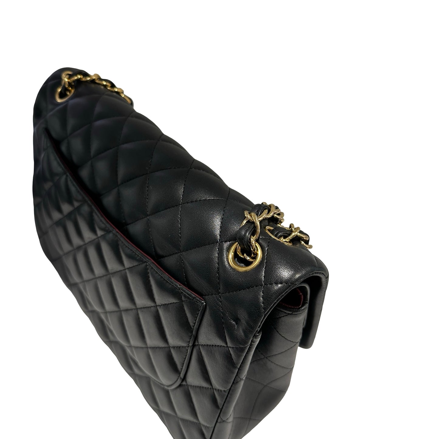 Used CHANEL Lambskin Quilted Jumbo Shoulder Bag Black Gold