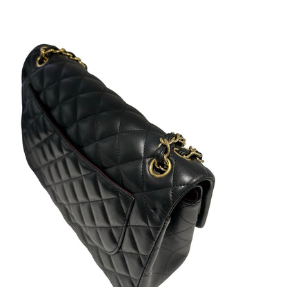 Used CHANEL Lambskin Quilted Jumbo Shoulder Bag Black Gold