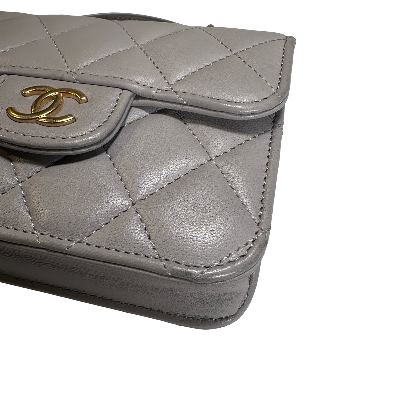 Used CHANEL Quilted Lambskin Mini Flap Bag with Top Handle Mini Bag Grey GHW