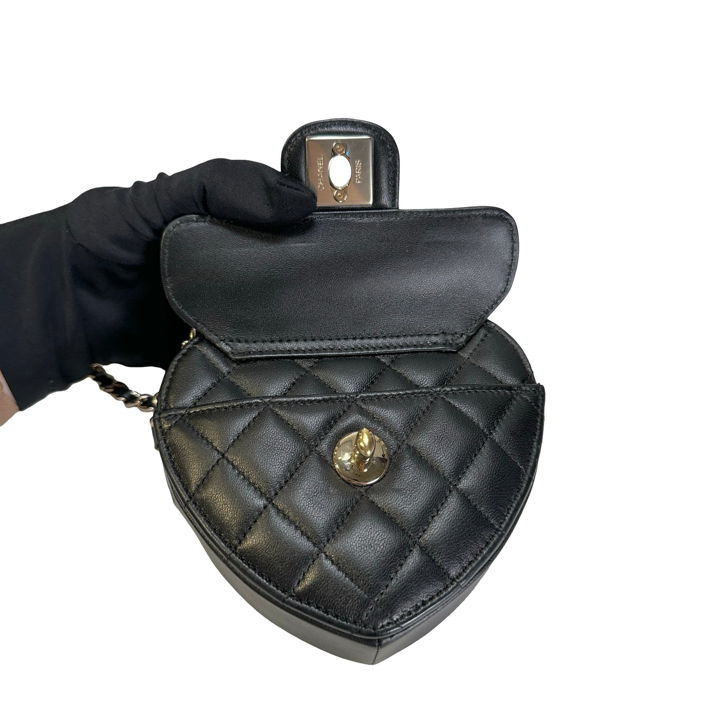 Used CHANEL Quilted Lambskin Heart Bag Mini Bag Black Gold