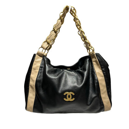 Chanel Shoulder Bag Black Beige Gold [3001098]
