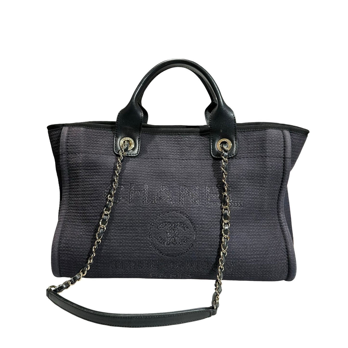 Used CHANEL Canvas Deauville Tote Bag Black GHW