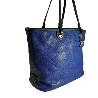 Used CHANEL Quilted Caviar Leather GST Tote Bag Blue Silver