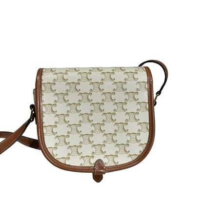 Used CÉLINE Canvas Folco Medium Cross Body Bag White Brown GHW