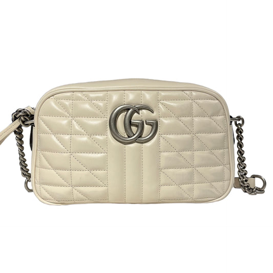 Used GUCCI Matelasse Aria Calfskin Leather GG MARMOUNT Chain Shoulder Bag White PHW