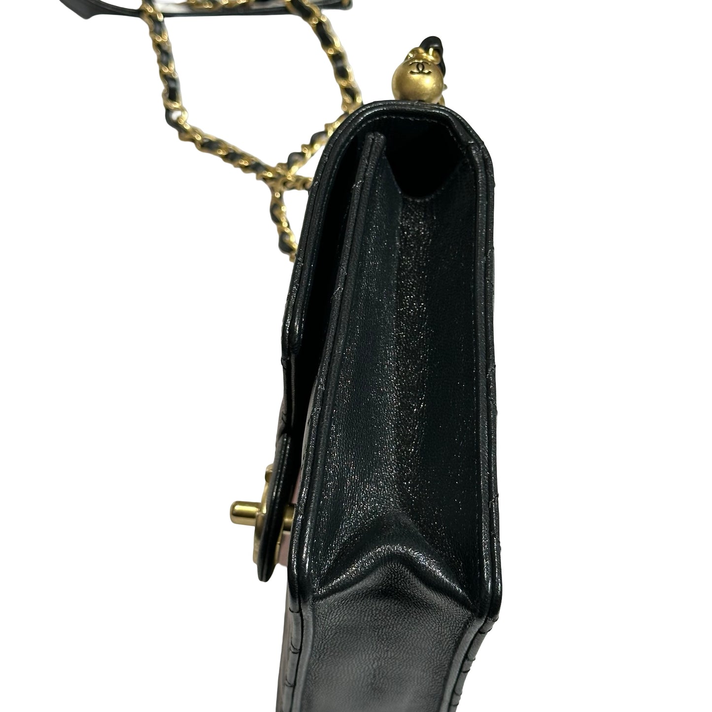 Used CHANEL Lambskin Leather Flap with Pearls Chain Shoulder Bag Black GHW