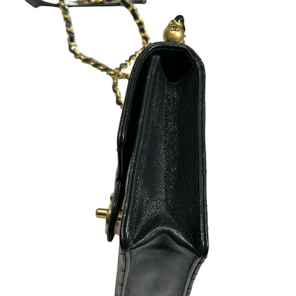 Used CHANEL Lambskin Leather Flap with Pearls Chain Shoulder Bag Black GHW