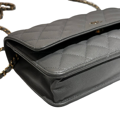 Used CHANEL Caviar Leather WOC Calf Skin Cross Body Bag Grey PHW