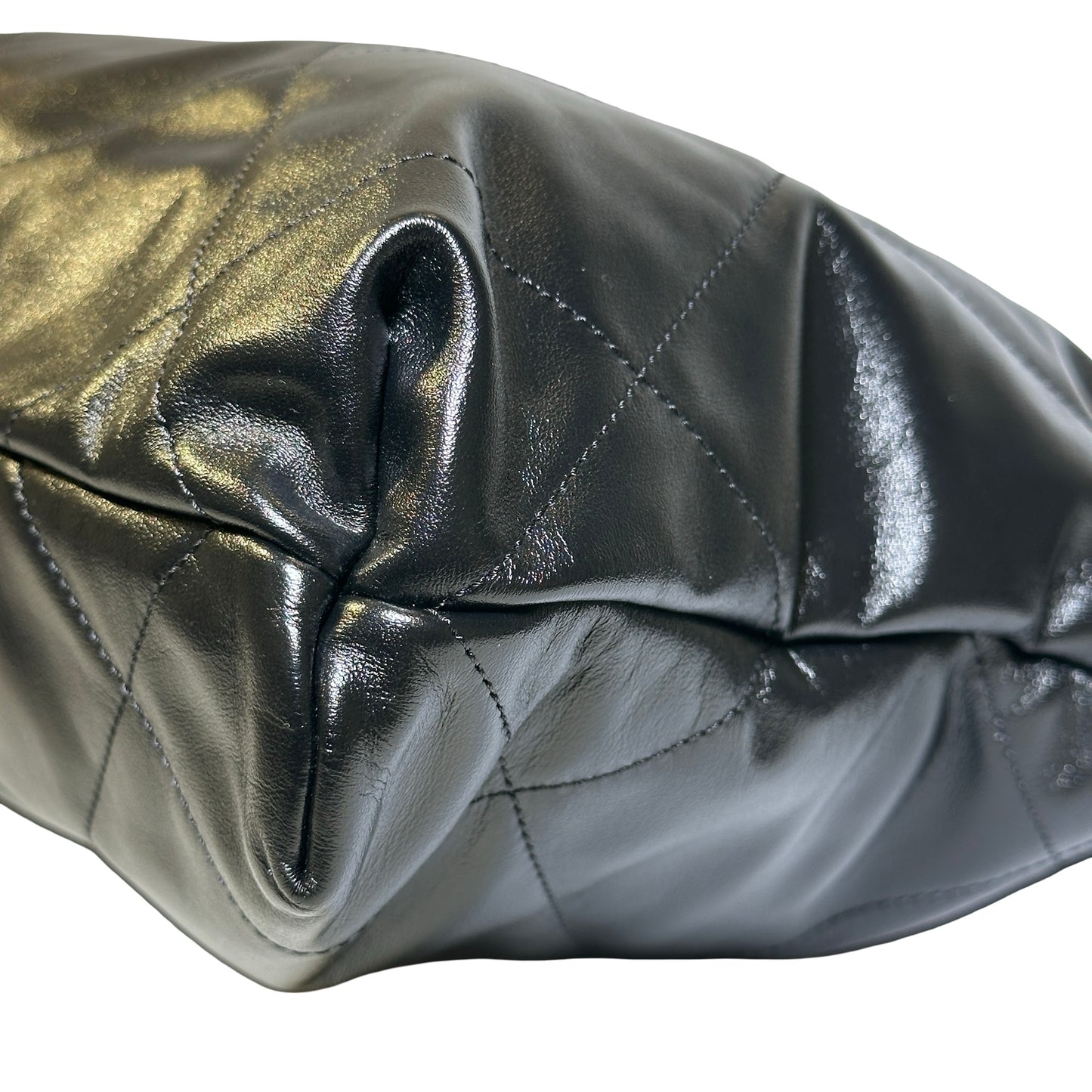 Used Chanel Shiny Calfskin 22 Hobo Bag Black PHW