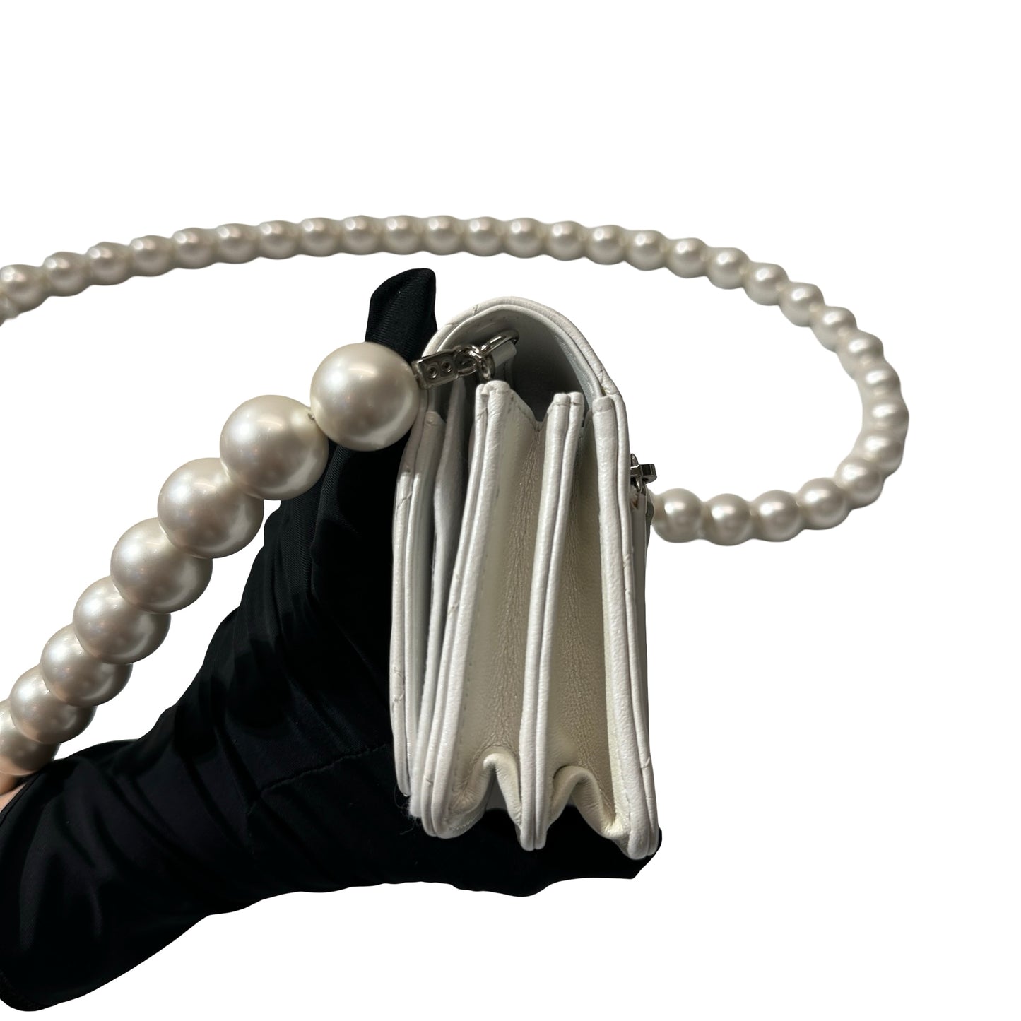 Used CHANEL Lambskin Leather WOC Pearl Shoulder Bag White PHW