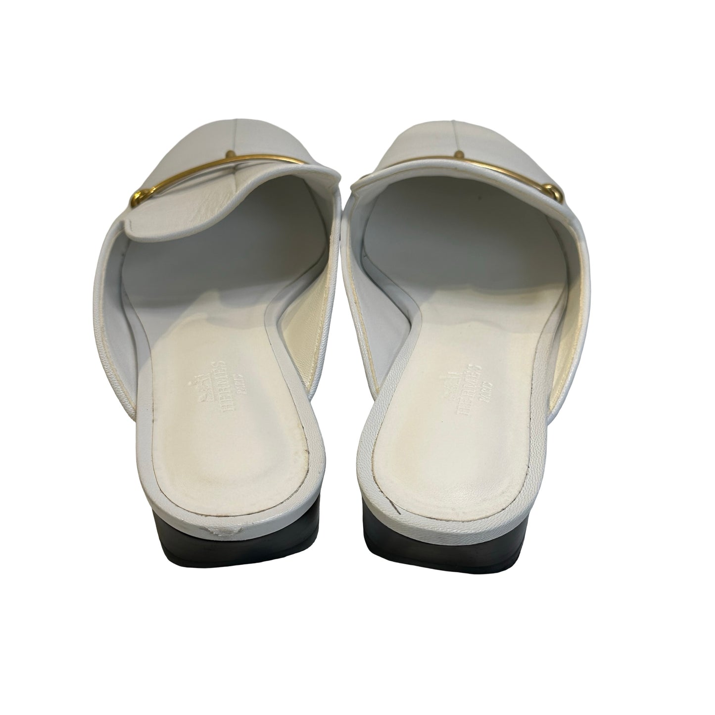 Used HERMES Leather Mules Shoes White Gold
