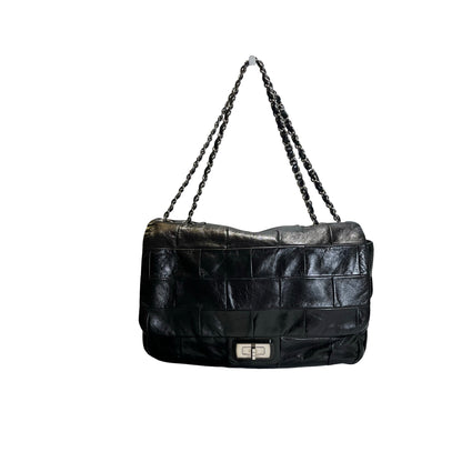 Used CHANEL Chocolate Bar Aged Calfskin 2.55 Reissue Flap Bag Chocolate Bar Chain Shoulder Bag Black，PHW